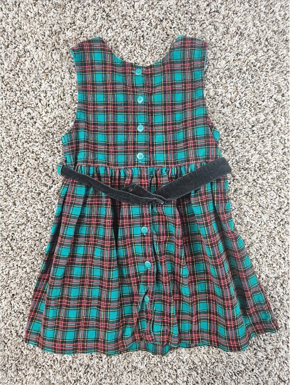 Vintage 90s Gymboree Holiday Plaid Corduroy Dress Green Red Black Bow Sz L